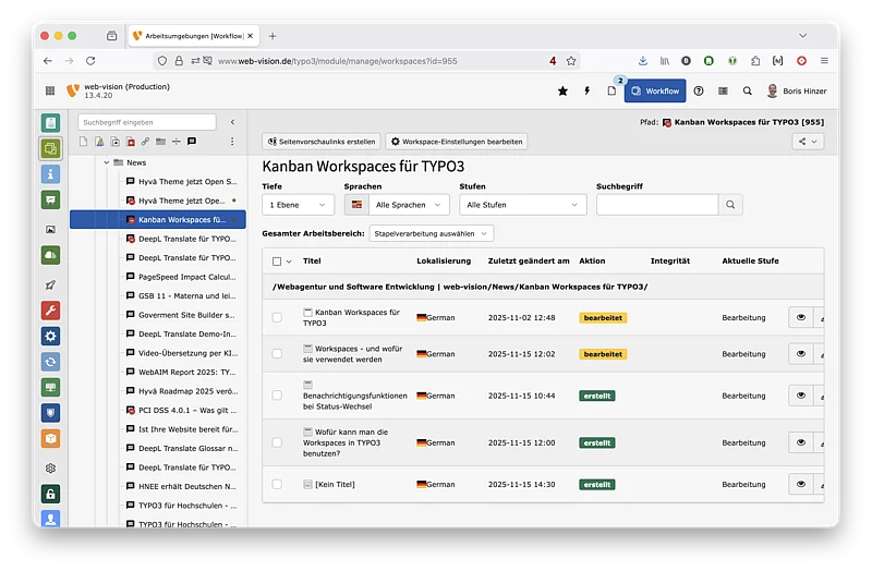 TYPO3 Workspace Modul - Übersicht der Inhaltselemente nach Status