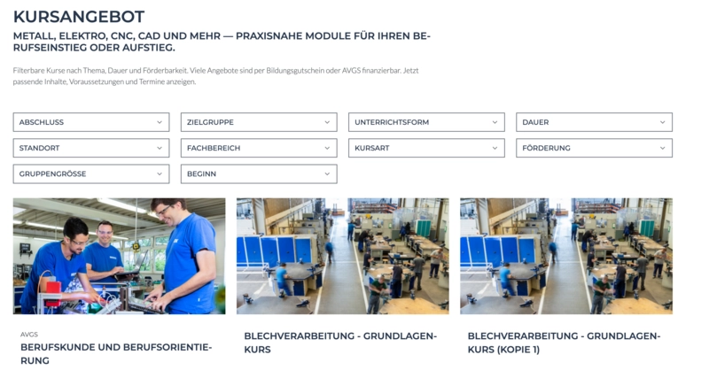 Ein Screenshot des Kursangebots in der Academic Persons Extension. Obne finden sich Filtermöglichkeiten und unten die Kurse, auf die die Filter zutreffen.