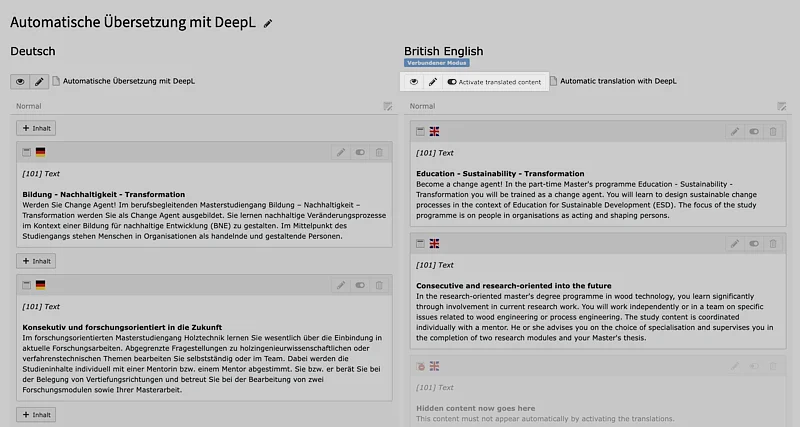 TYPO3 Extension DeepL Translate Screenshot: Activate Translated Content TYPO3 Extension DeepL Translate Screenshot: Activate Translated Content
