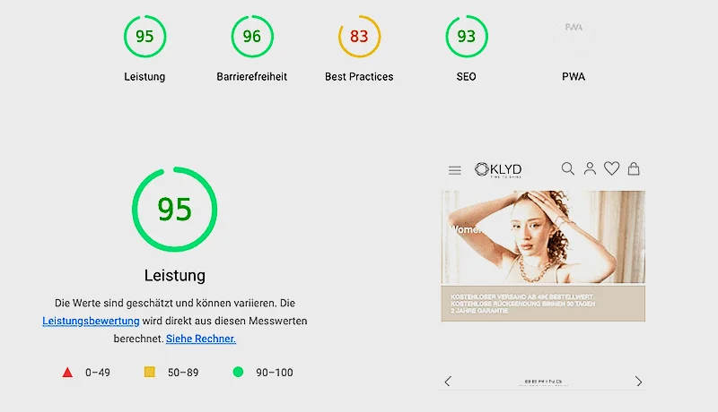 Google Pagespeed 95/100 on Mobile: Klyd Magento Shop
