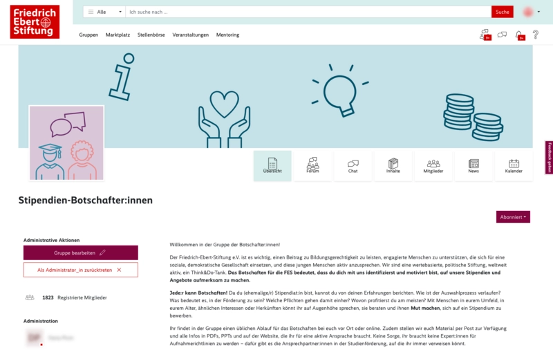 FES Social: Gruppe mit Modulen, Admin Infos und News Community Portal: Gruppe mit Modulen, Admin Infos und News