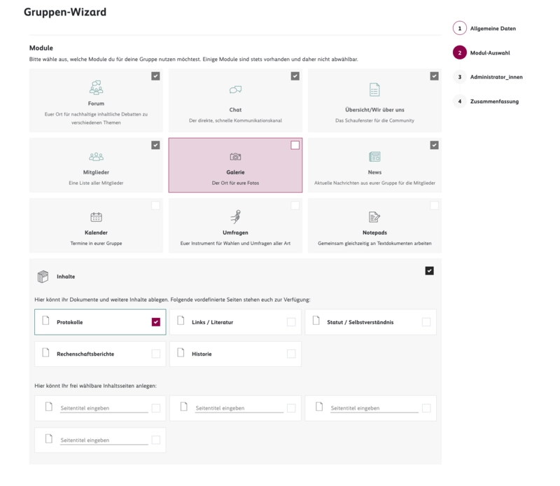 FES Social mit Gruppen Wizard: Modul Auswahl FES Social mit Gruppen Wizard: Modul Auswahl