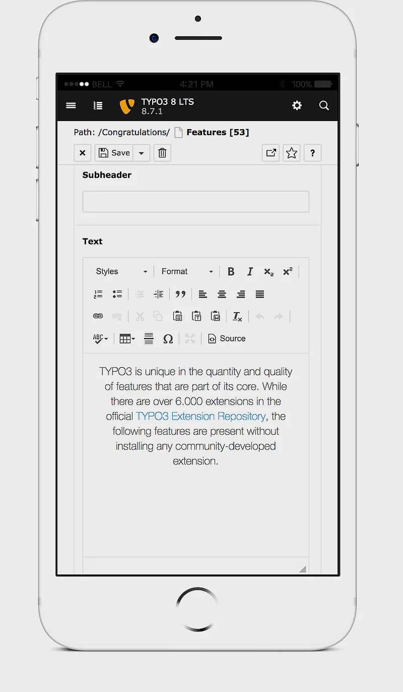 TYPO3 8 LTS Backend - Mobile Responsive - iPhone TYPO3 8 LTS Backend - Mobile Responsive - iPhone