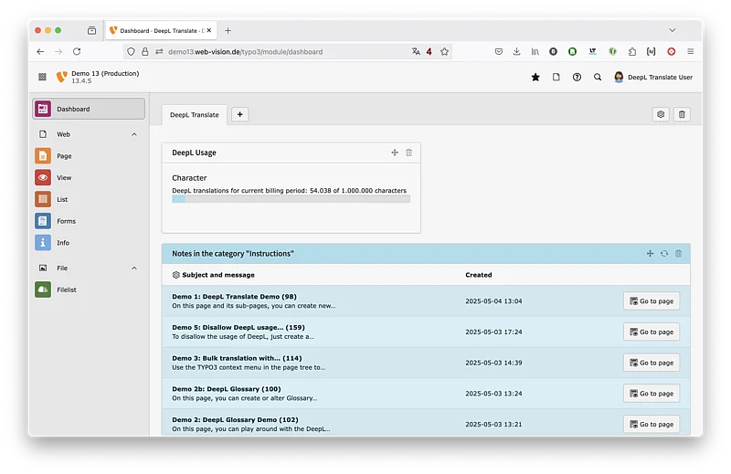 DeepL Translate Demo TYPO3 v13: User with DeepL access