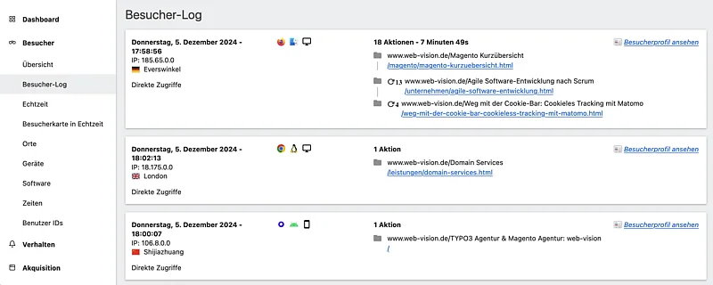 Matomo Besucher-Log mit anonymisierten IP-Adressen Matomo Besucher-Log mit anonymisierten IP-Adressen