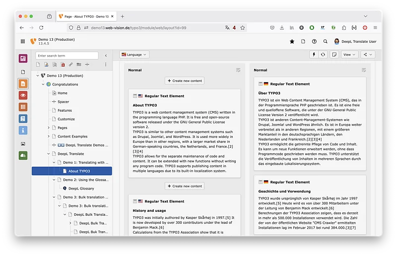 DeepL Translate Demo TYPO3 v13: Pagetree