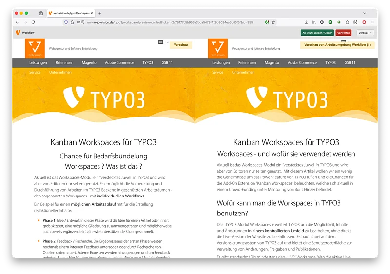 TYPO3 Workspace Vorschau mit vertikalem Vergleich