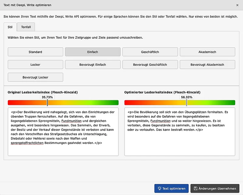 DeepL Write für TYPO3 - Side-by-Side View mit Flesch-Kincaid Lesbarkeitsindex DeepL Write für TYPO3 - Side-by-Side View mit Flesch-Kincaid Lesbarkeitsindex