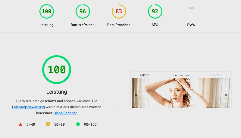 Google Pagespeed 100/100 on Desktop: Klyd Magento Shop