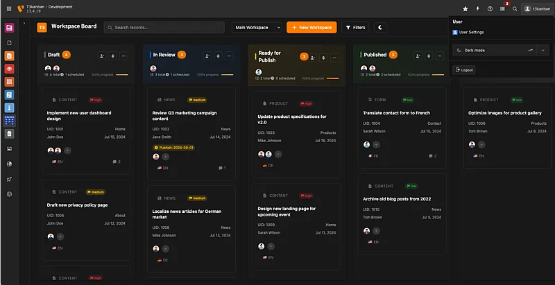 TYPO3 Kanban Workspaces - Dark Mode