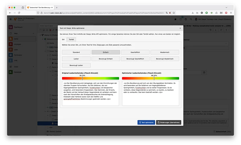 DeepL Write für TYPO3 mit Flesch-Kincaid-Lesbarkeitsindex DeepL Write für TYPO3 mit Flesch-Kincaid-Lesbarkeitsindex