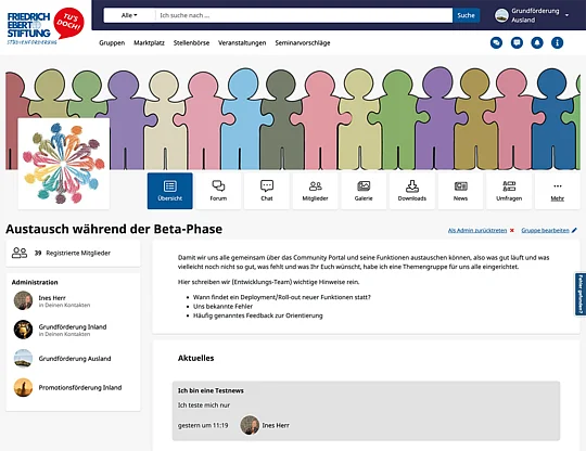 Community Portal: Group with modules, admin info and news Community Portal: Group with modules, admin info and news