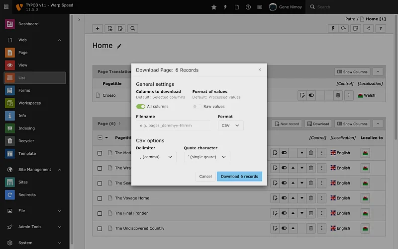 TYPO Backend: Listenmodul Daten Downloads