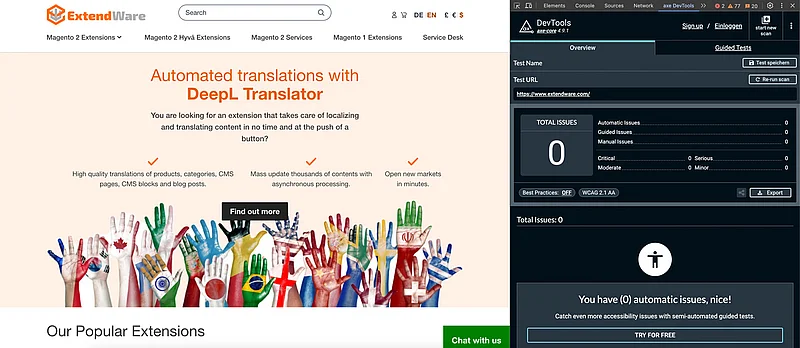 Extendware.com - Accessibility check with AXE tool without errors and hints