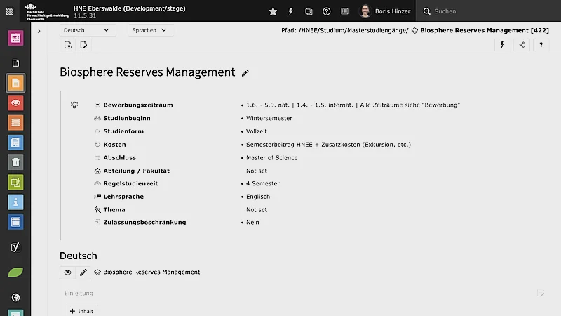 TYPO3 Academic Studies in the TYPO3 backend page module
