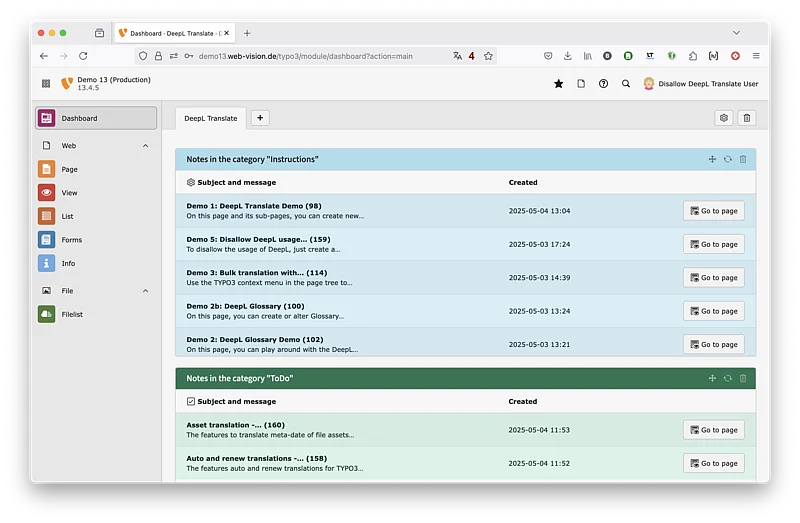 DeepL Translate Demo TYPO3 v13: Disallow User