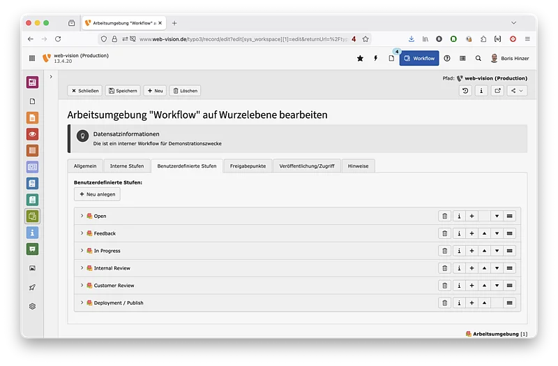 TYPO3 Workspace Konfiguration der Status
