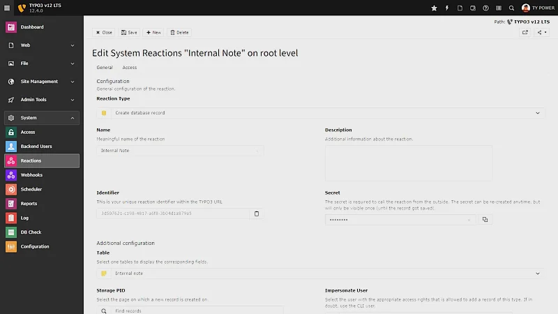 Create TYPO3 reaction in TYPO3 v12 LTS
