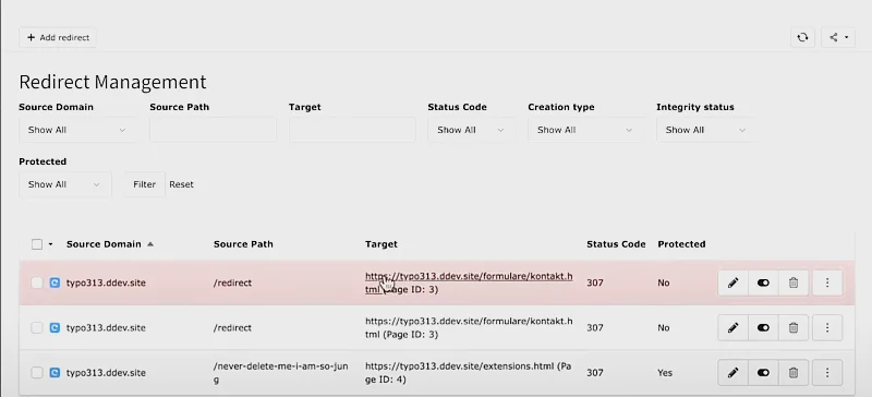 Redirects Red marked Redirects if there are 2 identical