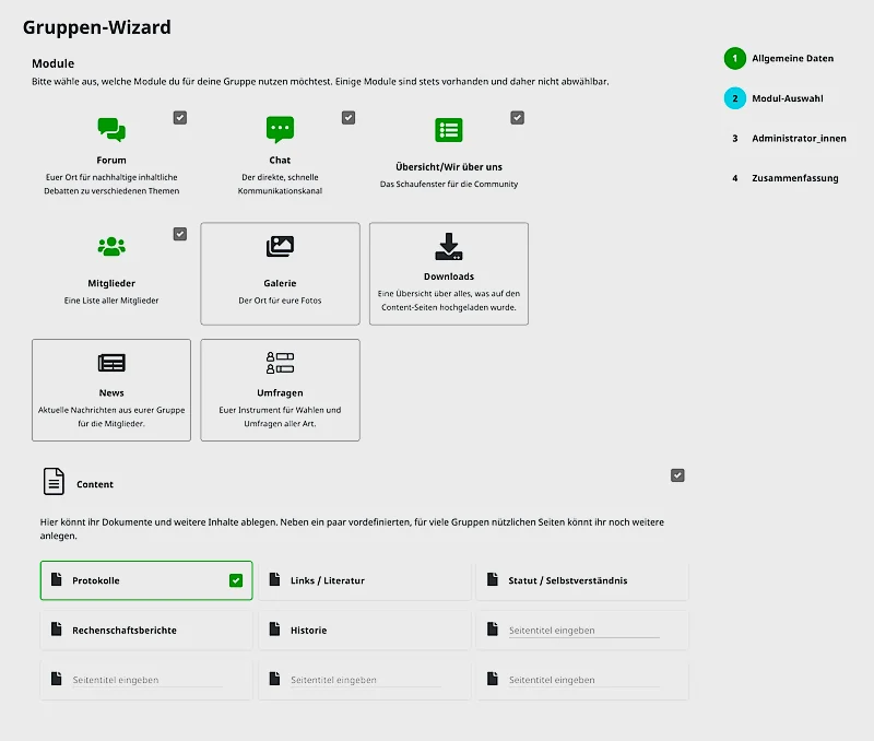 Gruppen Wizard: Modul Auswahl Gruppen Wizard: Modul Auswahl