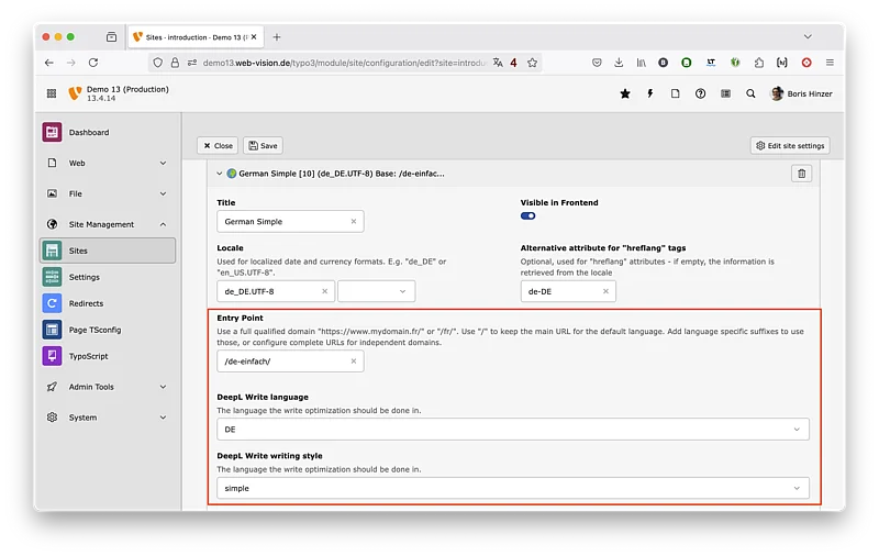 DeepL Write für TYPO3 - Site-Konfiguration DeepL Write für TYPO3 - Site-Konfiguration
