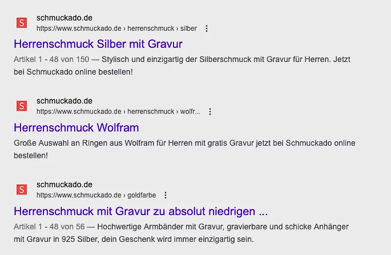 Schmuckado Filterseiten im Google Index