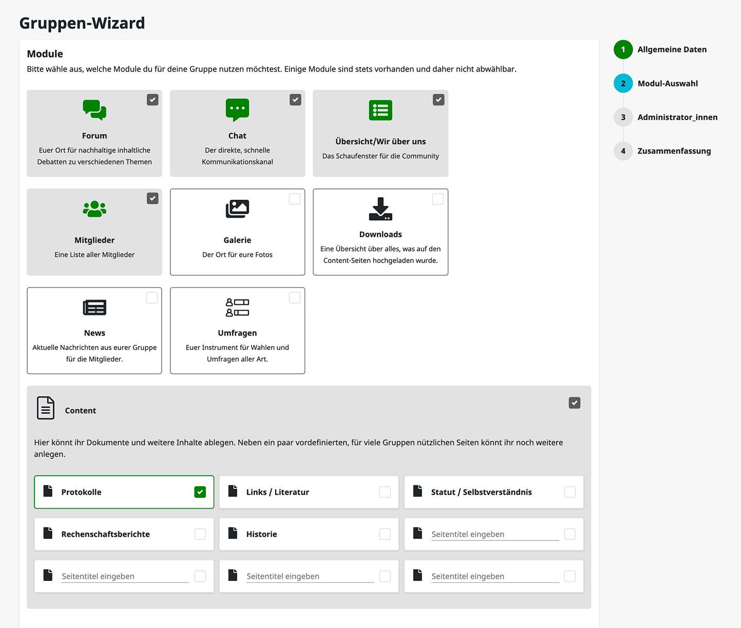 Gruppen Wizard: Modul Auswahl