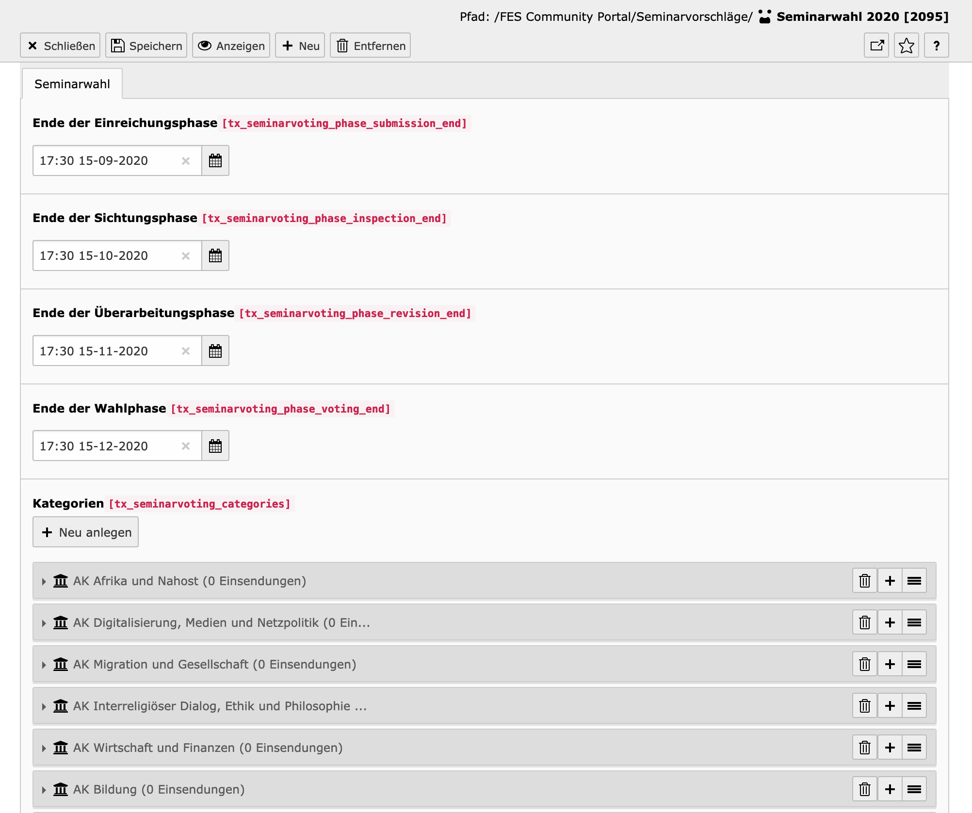 TYPO3 backend settings: Seminar selection