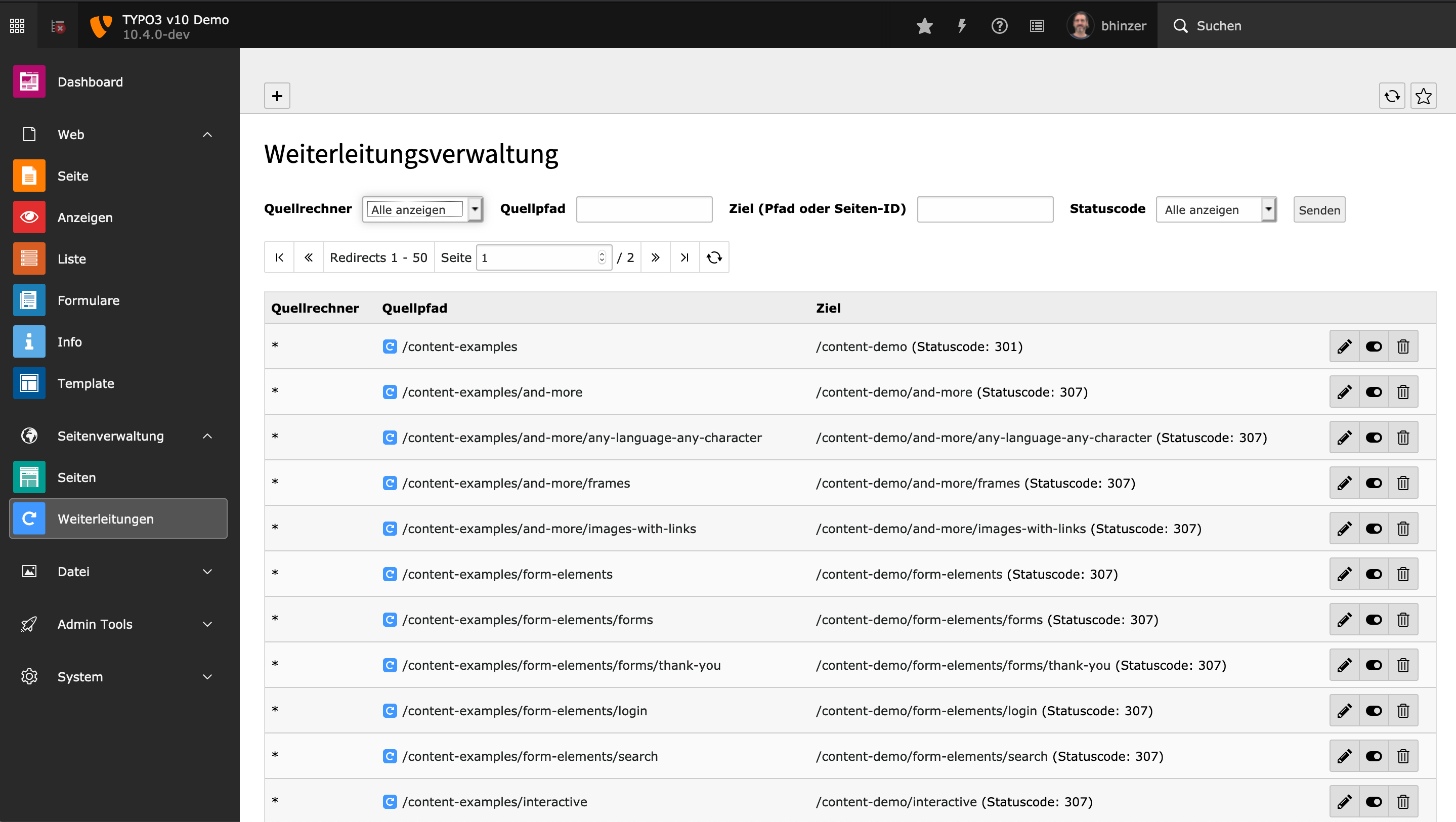 TYPO3 Backend: Weiterleitungen