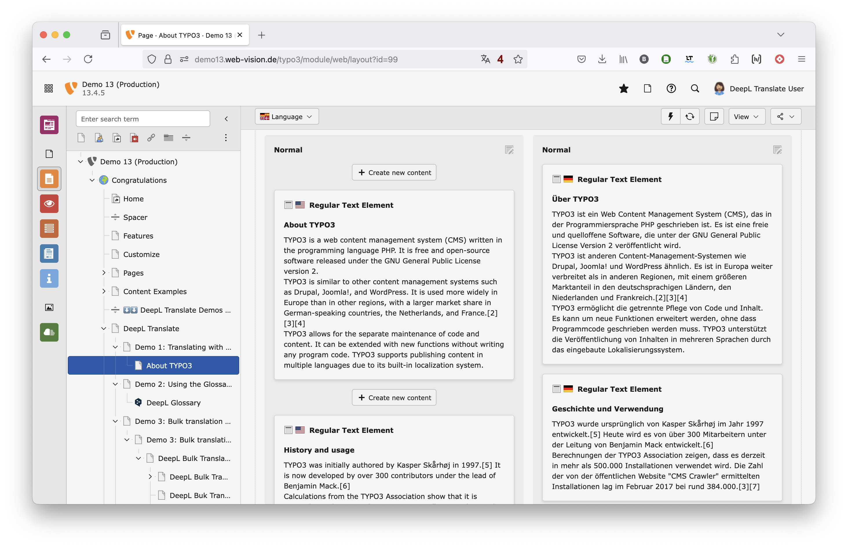 DeepL Translate Demo TYPO3 v13: Pagetree DeepL Translate Demo TYPO3 v13: Pagetree