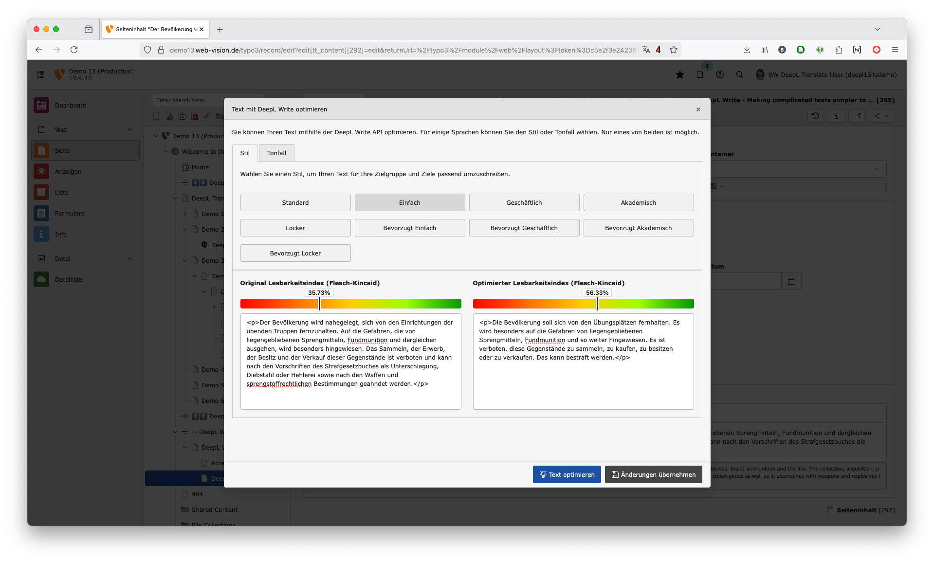 DeepL Write for TYPO3 with Flesch-Kincaid readability index
