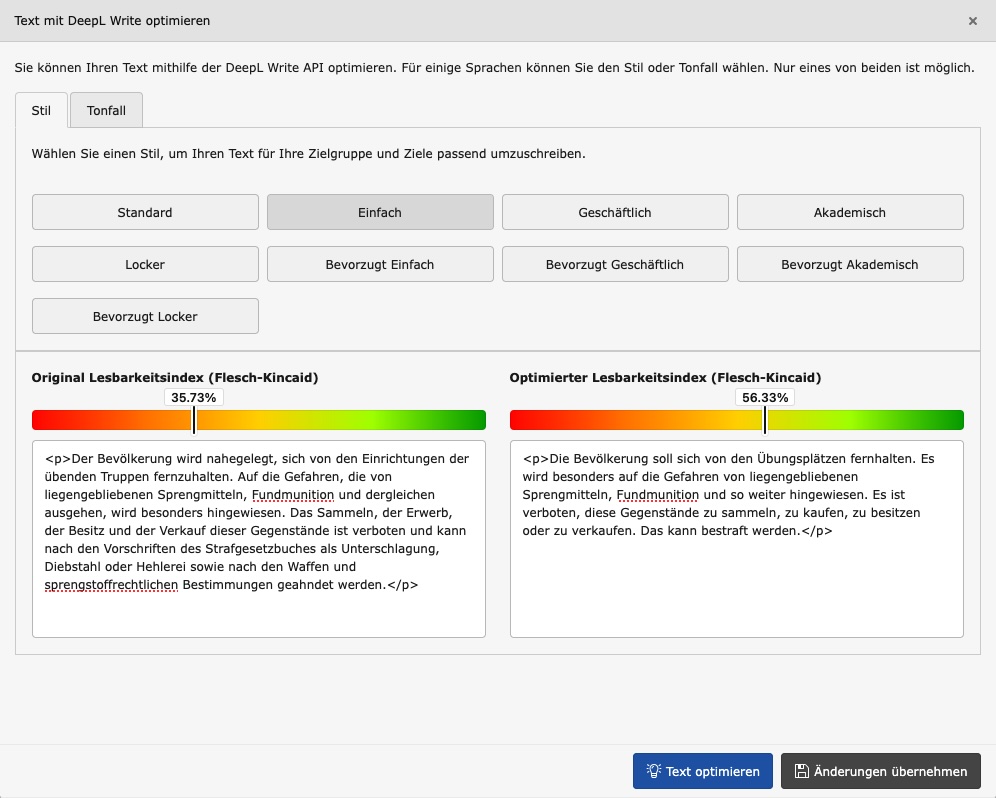DeepL Write for TYPO3 - Side-by-side view with Flesch-Kincaid readability index