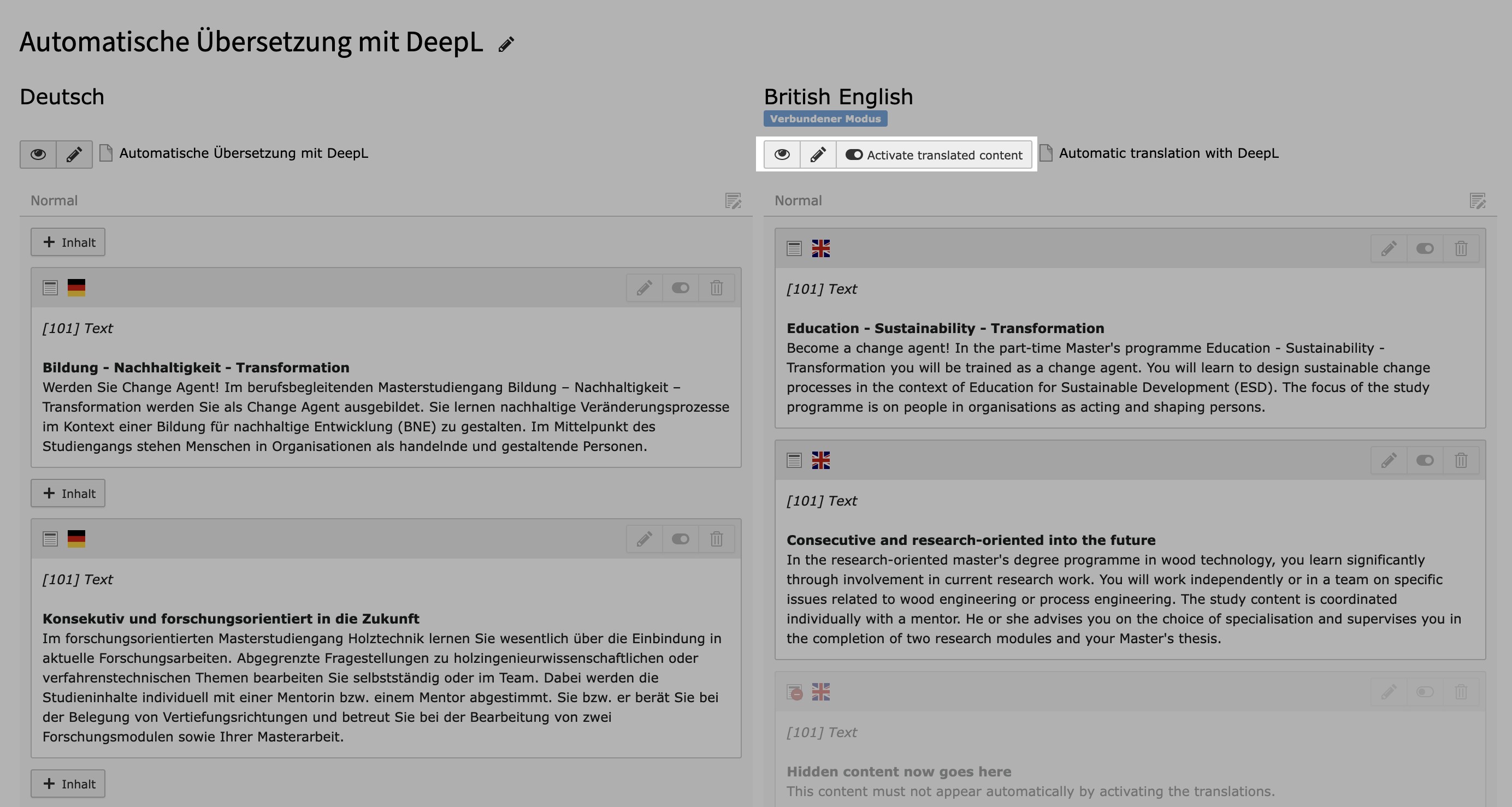 TYPO3 Extension DeepL Translate Screenshot: Activate Translated Content 