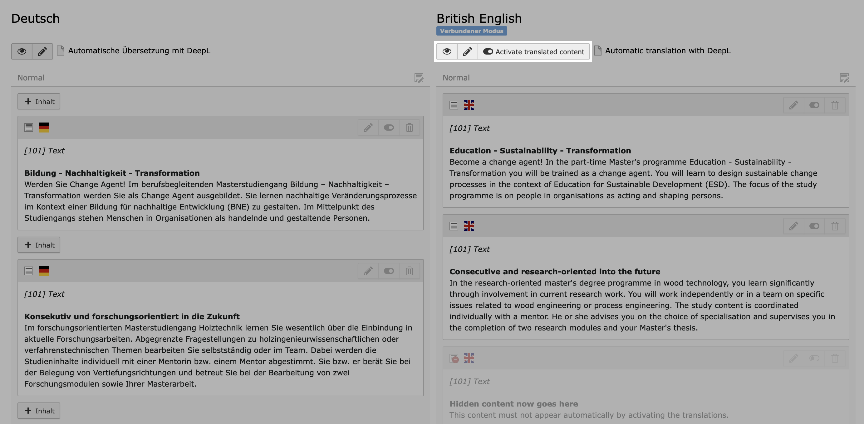 TYPO3 Extension DeepL Translate Screenshot: Activate Translated Content 