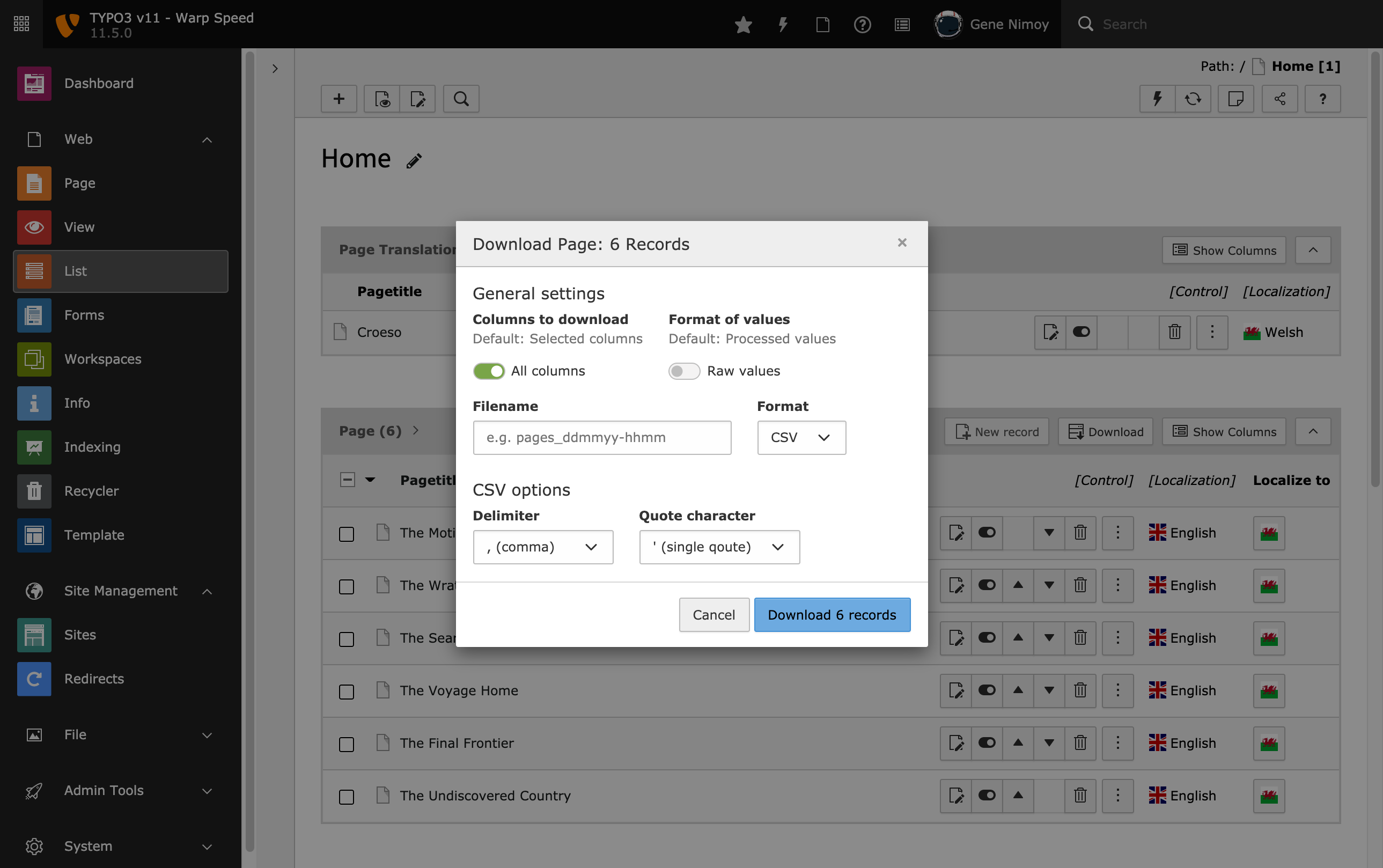 TYPO Backend: List module data downloads