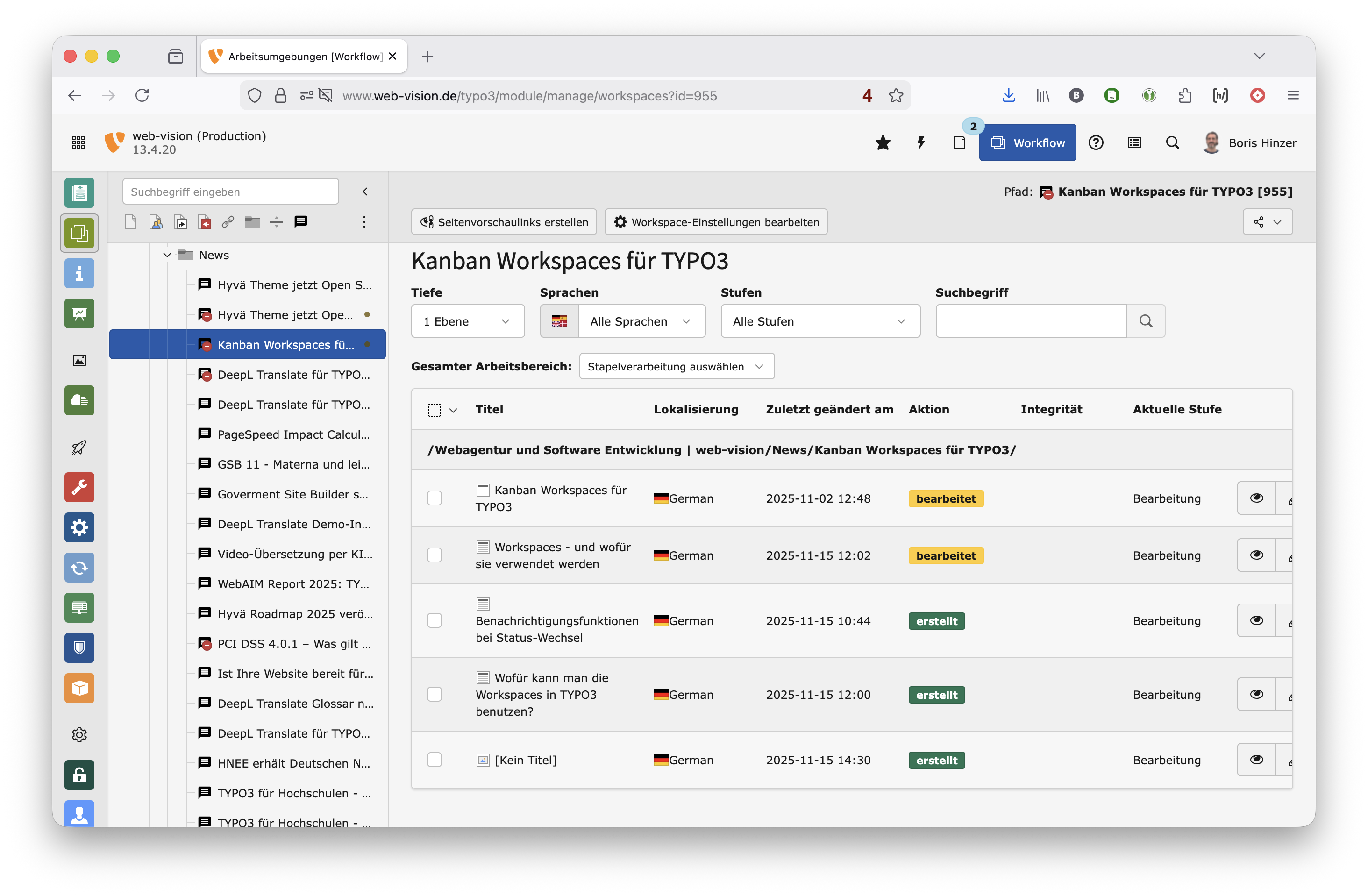 TYPO3 Workspace module - Overview of content elements by status