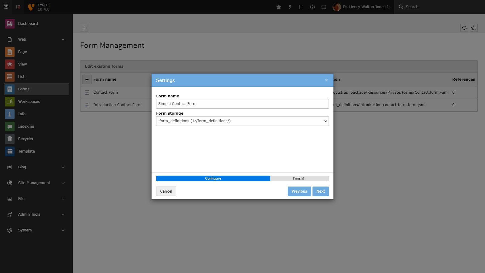 TYPO3 CMS: Form Wizard - Step 2