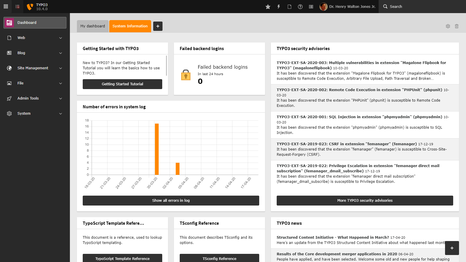 TYPO3 Dashboard: System Information