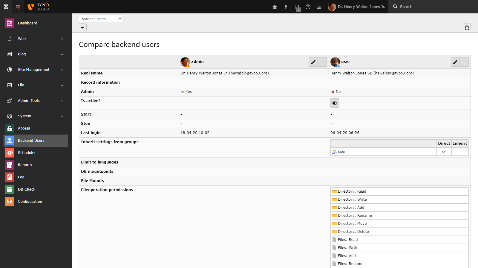 TYPO3 Backend User Vergleich TYPO3 Backend User Vergleich
